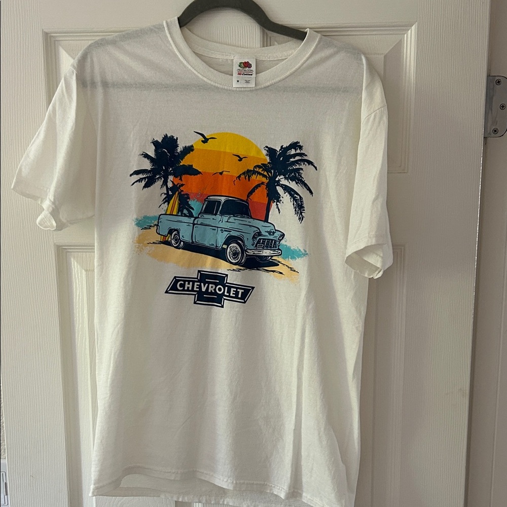 Fruit of the Loom White Tee with Blue and Orange Graphic